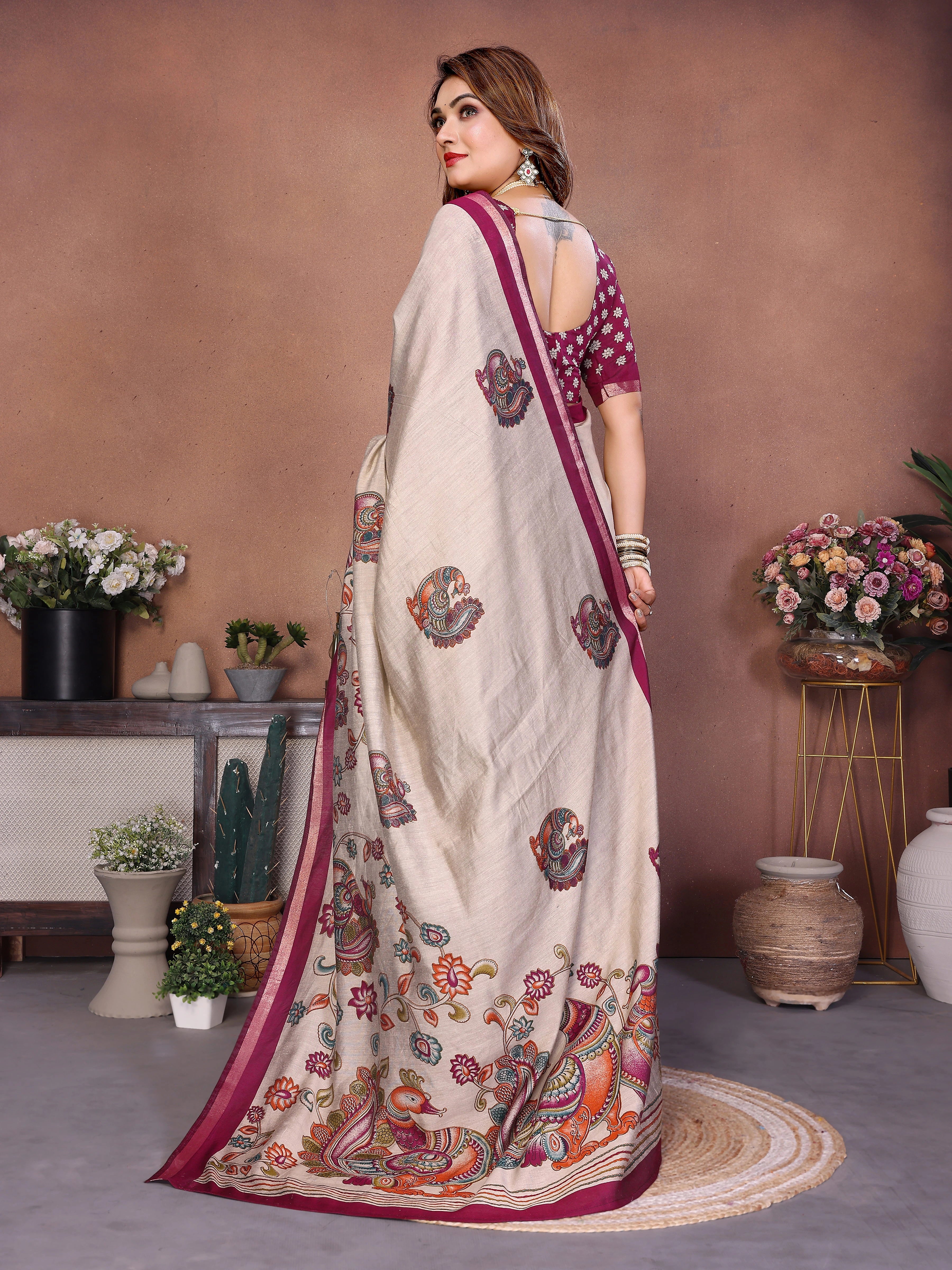 Dark Maroon & Beige Kalamkari Print Mul Cotton – Kalyanja